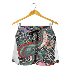 Green Japanese Dragon Tattoo Print Women's Shorts