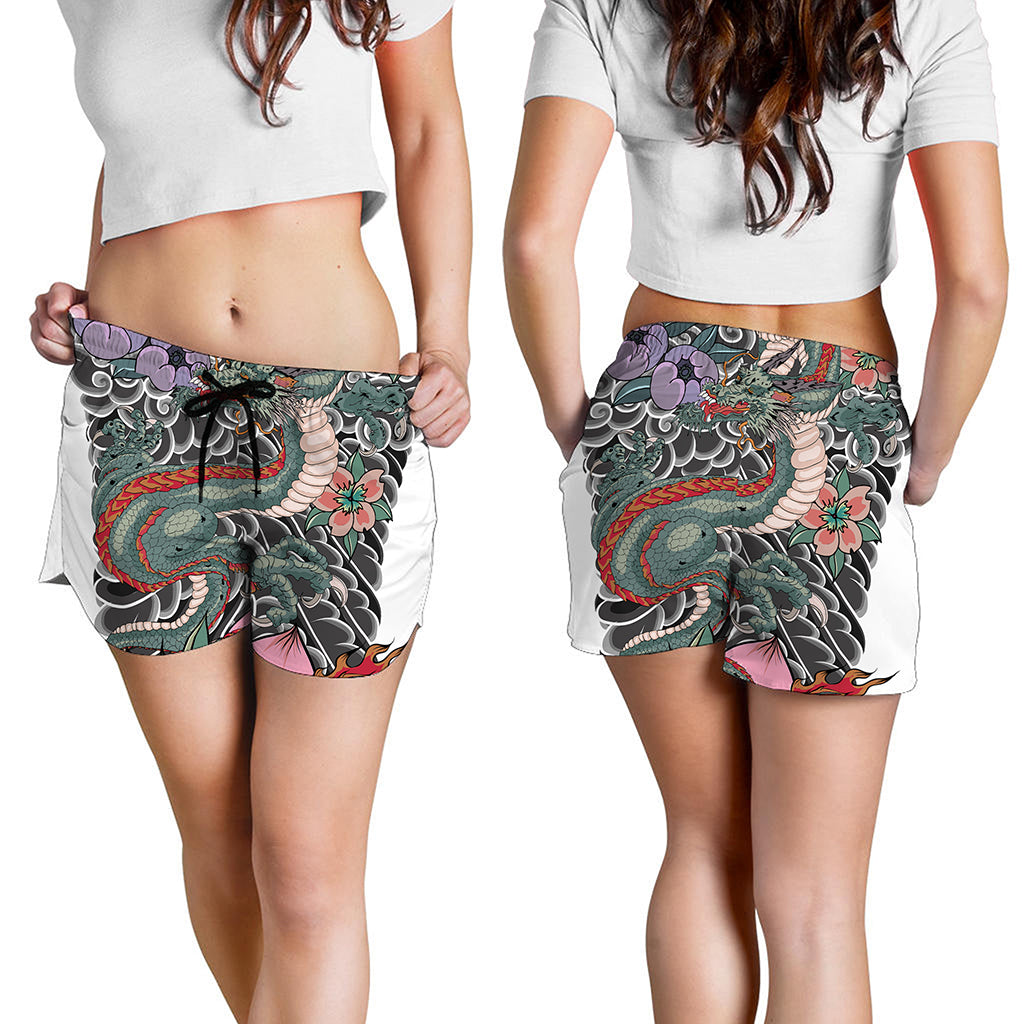 Green Japanese Dragon Tattoo Print Women's Shorts