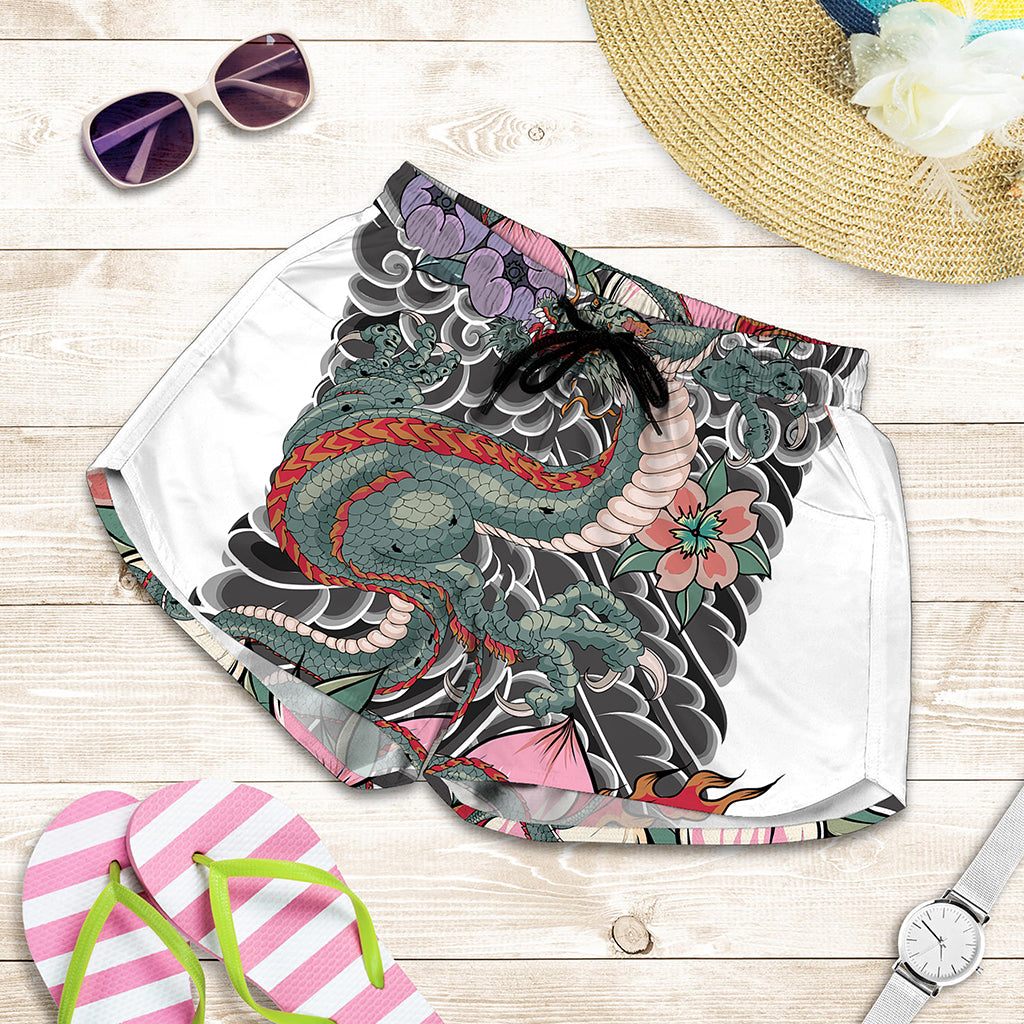 Green Japanese Dragon Tattoo Print Women's Shorts