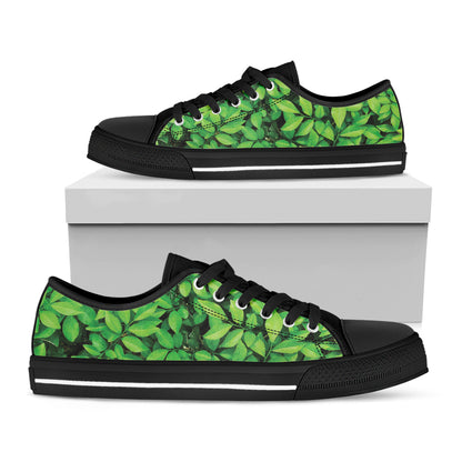 Green Leaf Print Black Low Top Shoes