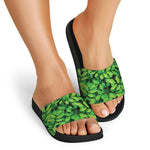 Green Leaf Print Black Slide Sandals