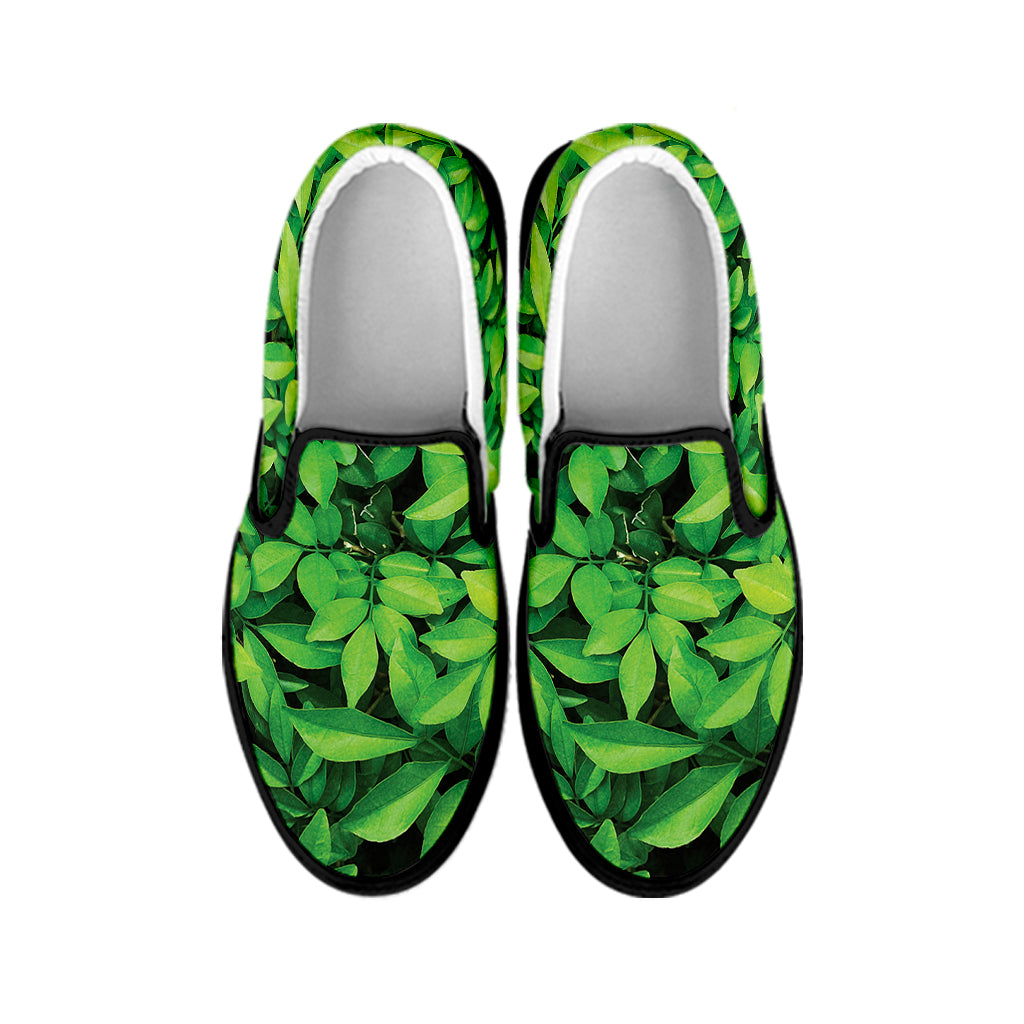Green Leaf Print Black Slip On Shoes