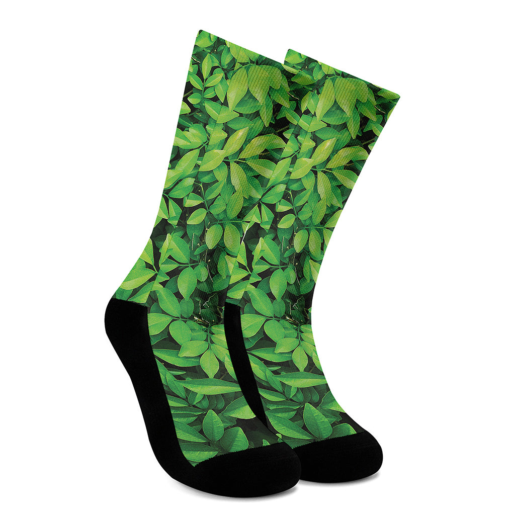 Green Leaf Print Crew Socks