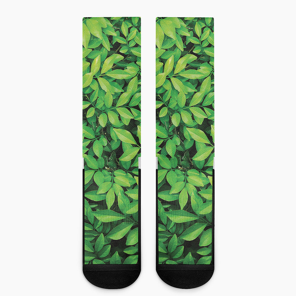 Green Leaf Print Crew Socks