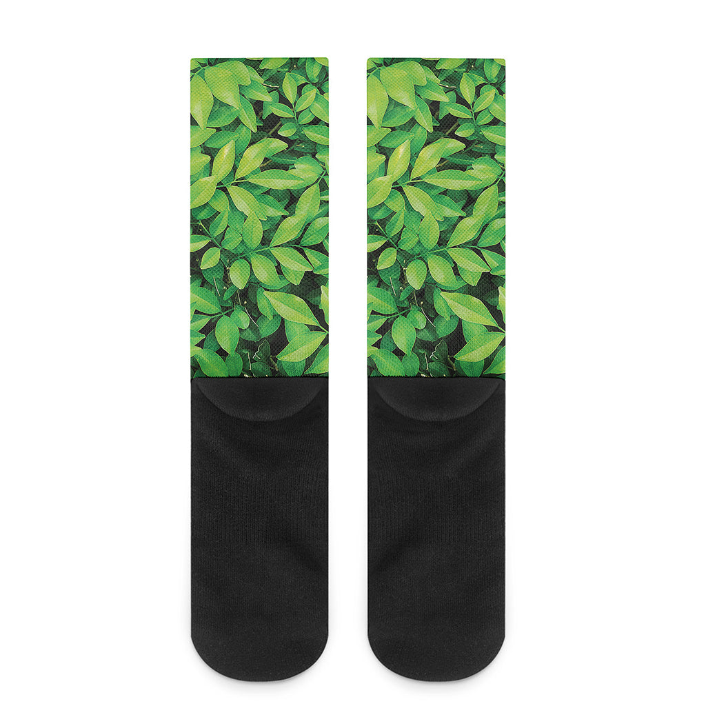 Green Leaf Print Crew Socks