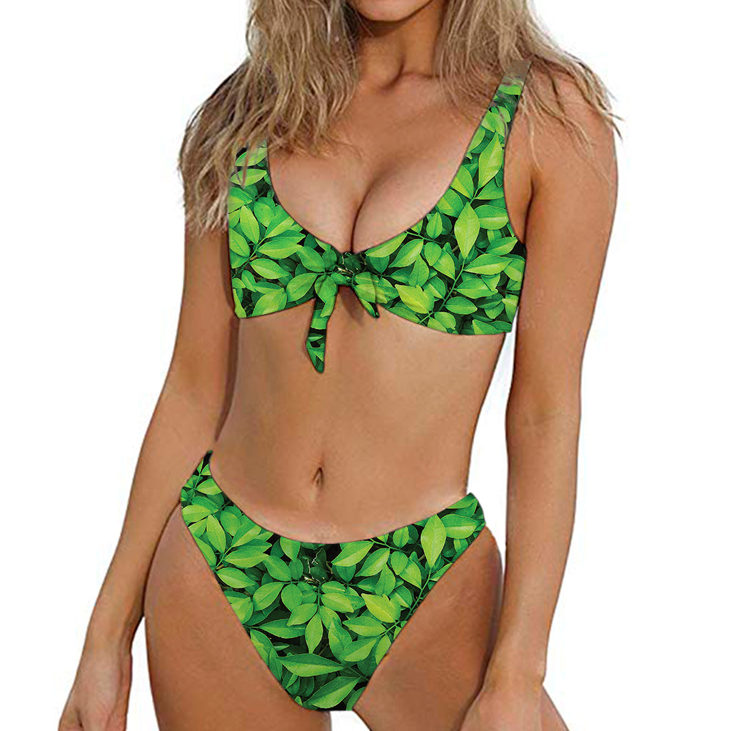 Green Leaf Print Front Bow Tie Bikini