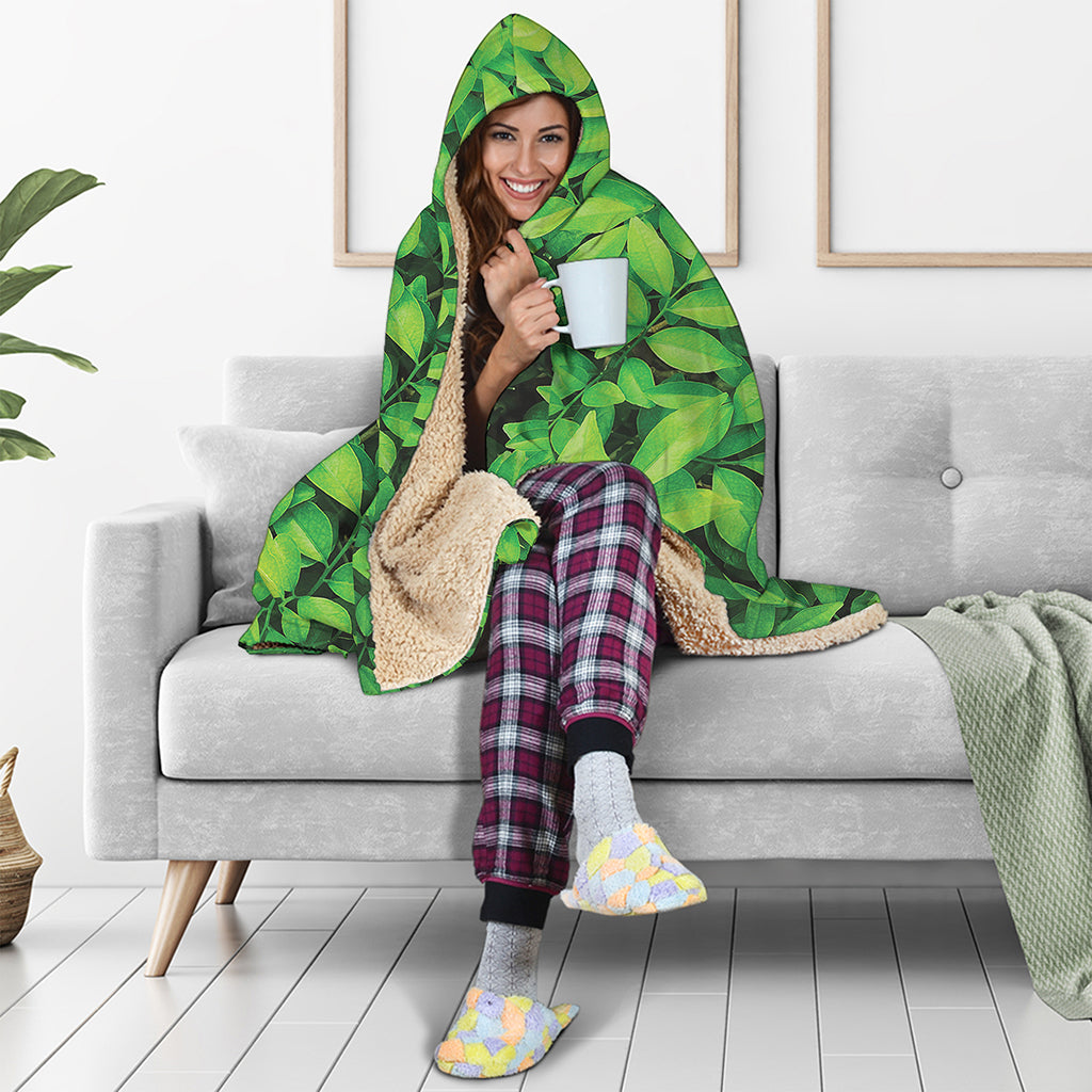 Green Leaf Print Hooded Blanket