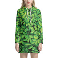 Green Leaf Print Pullover Hoodie Dress