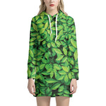 Green Leaf Print Hoodie Dress