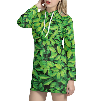 Green Leaf Print Hoodie Dress