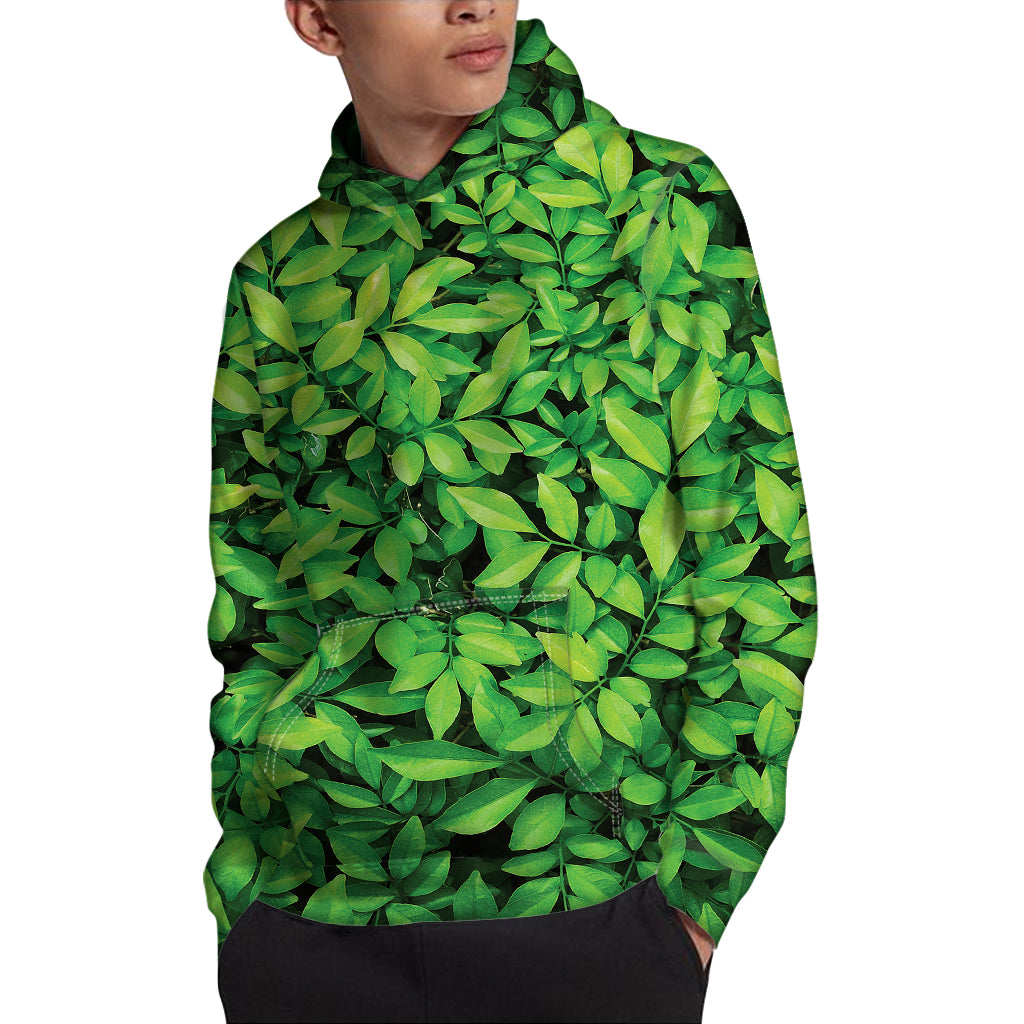 Green Leaf Print Pullover Hoodie