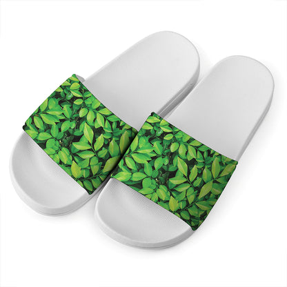 Green Leaf Print White Slide Sandals
