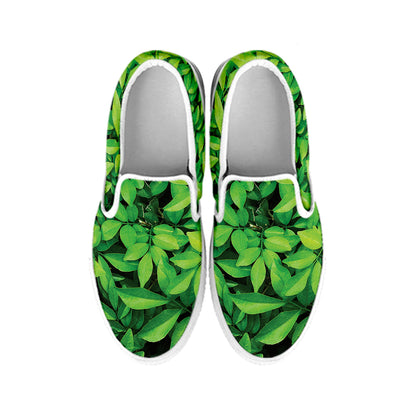 Green Leaf Print White Slip On Shoes