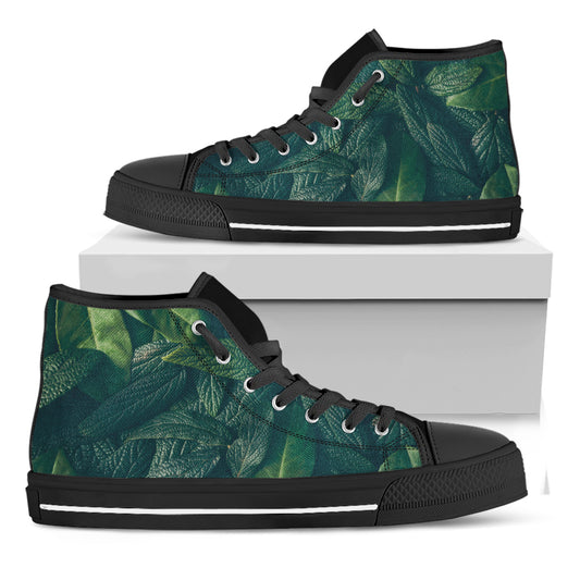 Green Leaves Print Black High Top Shoes