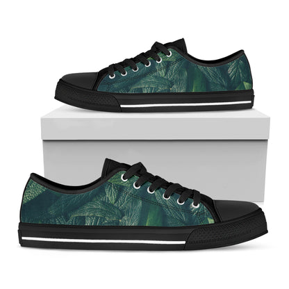 Green Leaves Print Black Low Top Shoes