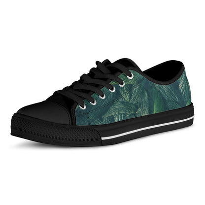 Green Leaves Print Black Low Top Shoes