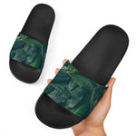 Green Leaves Print Black Slide Sandals