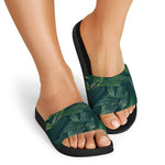 Green Leaves Print Black Slide Sandals