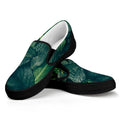 Green Leaves Print Black Slip On Sneakers