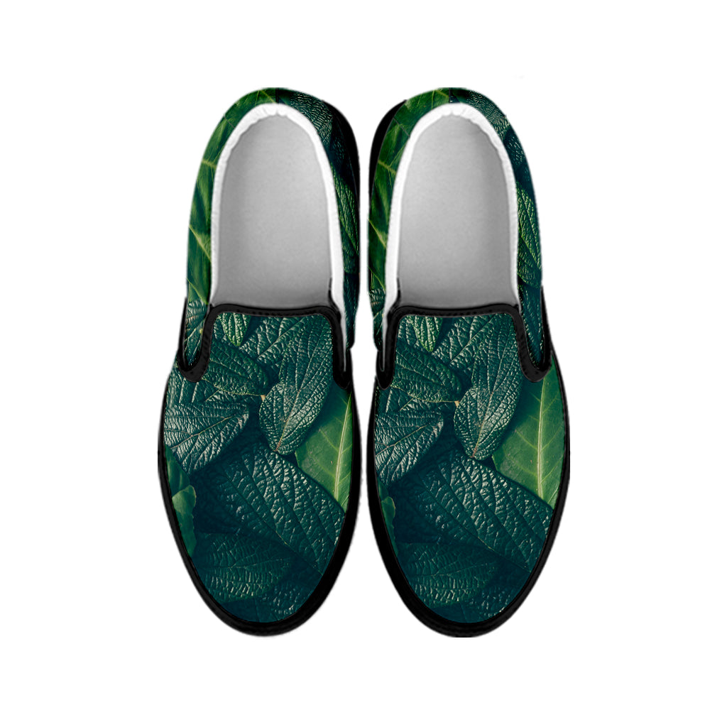 Green Leaves Print Black Slip On Shoes