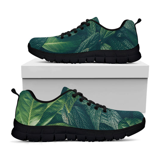 Green Leaves Print Black Sneakers