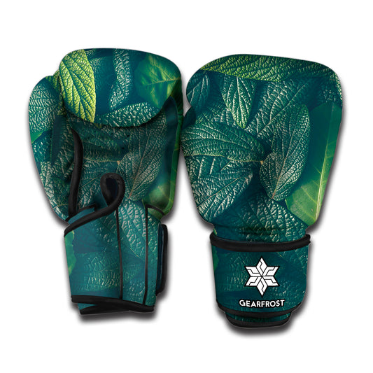Green Leaves Print Boxing Gloves