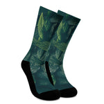 Green Leaves Print Crew Socks