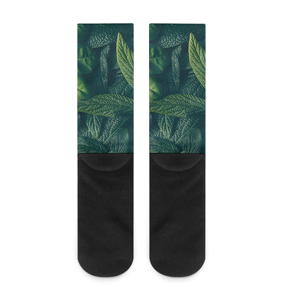 Green Leaves Print Crew Socks