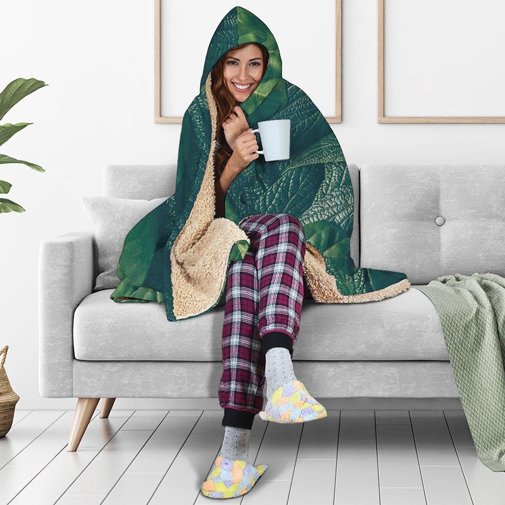 Green Leaves Print Hooded Blanket