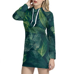 Green Leaves Print Hoodie Dress