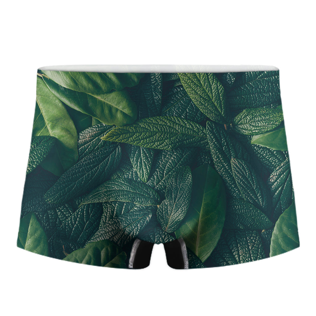 Green Leaves Print Men's Boxer Briefs