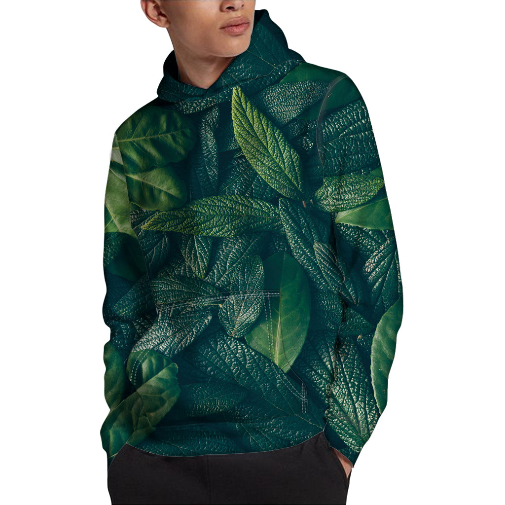 Green Leaves Print Pullover Hoodie