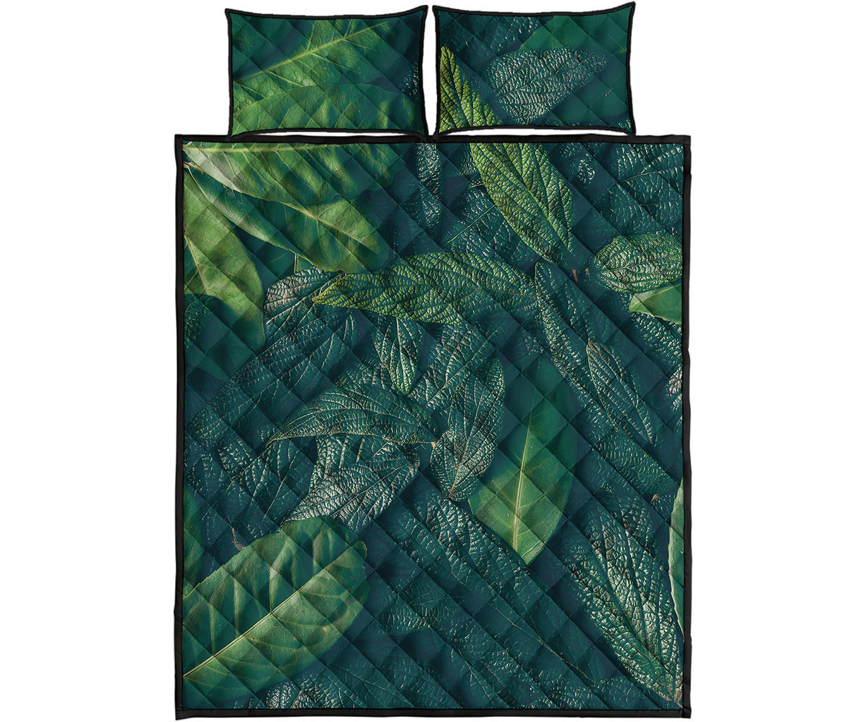 Green Leaves Print Quilt Bed Set
