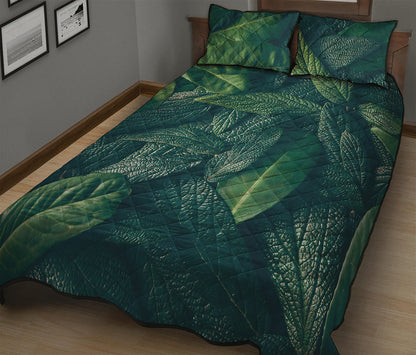 Green Leaves Print Quilt Bed Set