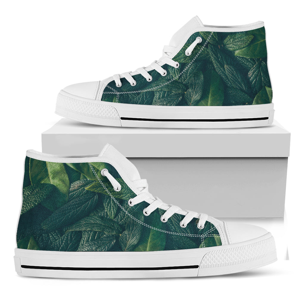 Green Leaves Print White High Top Shoes