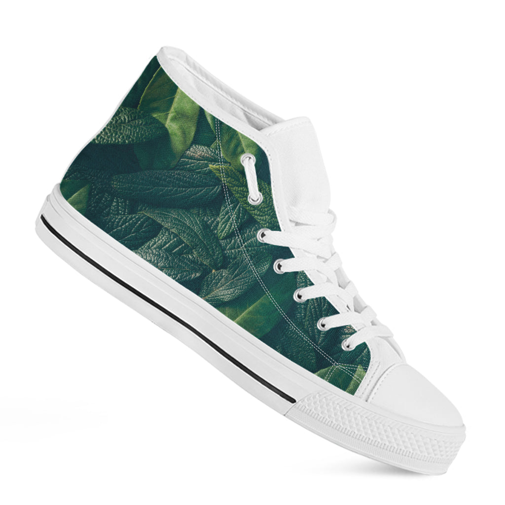 Green Leaves Print White High Top Shoes