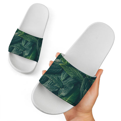 Green Leaves Print White Slide Sandals