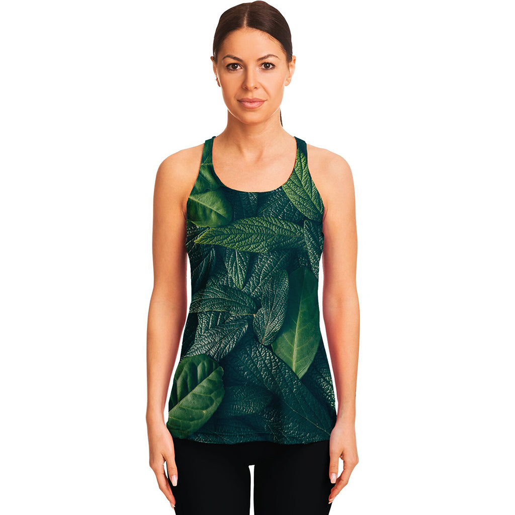 Green Leaves Print Women's Racerback Tank Top