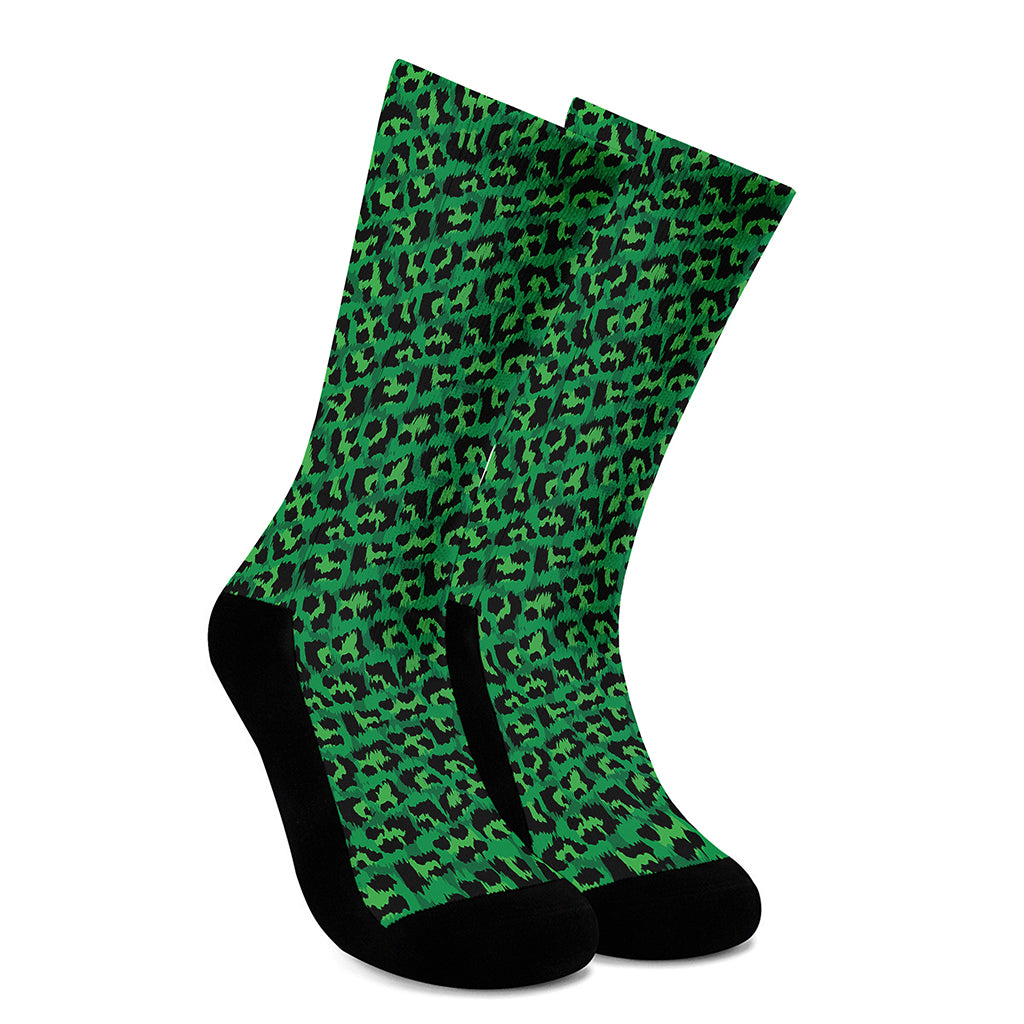 Green Leopard Print Crew Socks