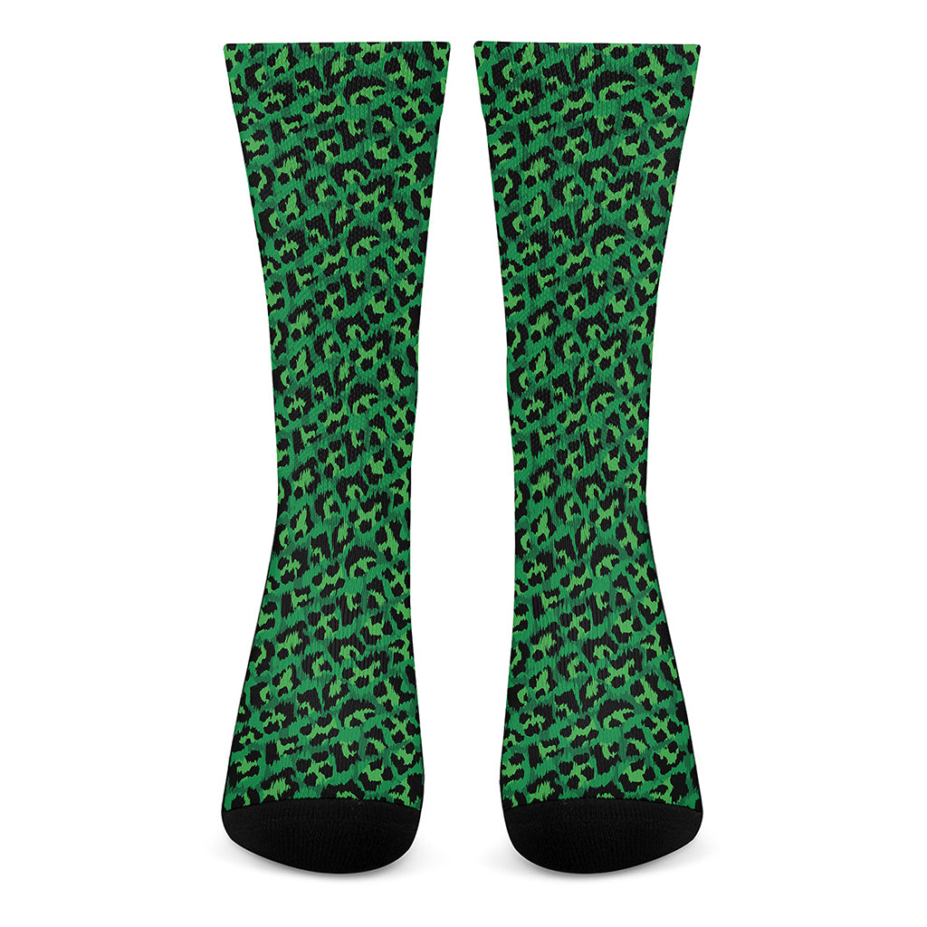Green Leopard Print Crew Socks