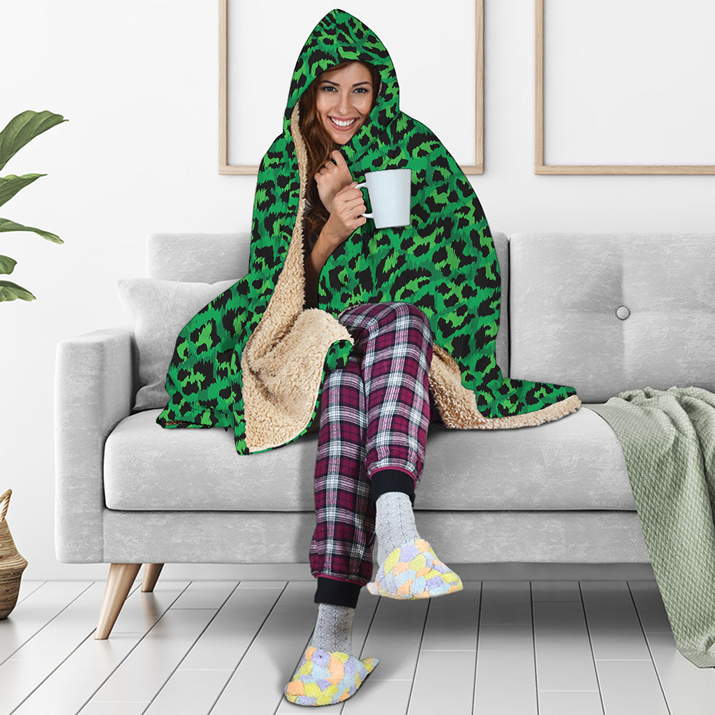Green Leopard Print Hooded Blanket