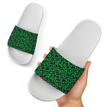 Green Leopard Print White Slide Sandals