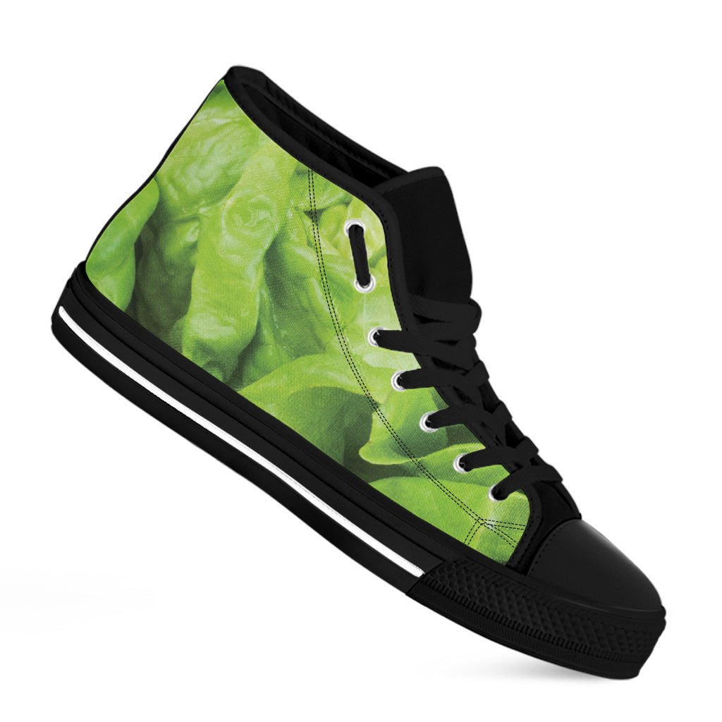 Green Lettuce Leaves Print Black High Top Shoes
