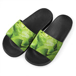 Green Lettuce Leaves Print Black Slide Sandals