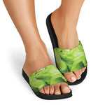 Green Lettuce Leaves Print Black Slide Sandals