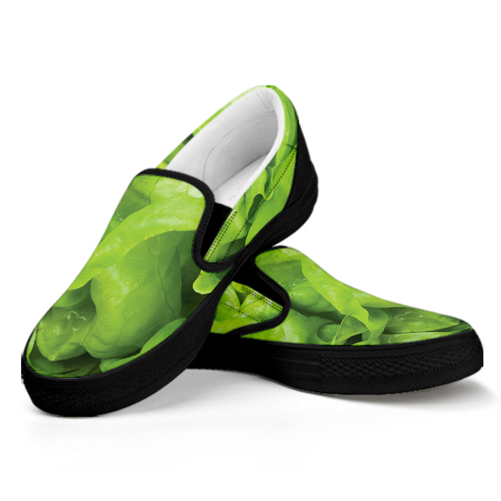 Green Lettuce Leaves Print Black Slip On Shoes