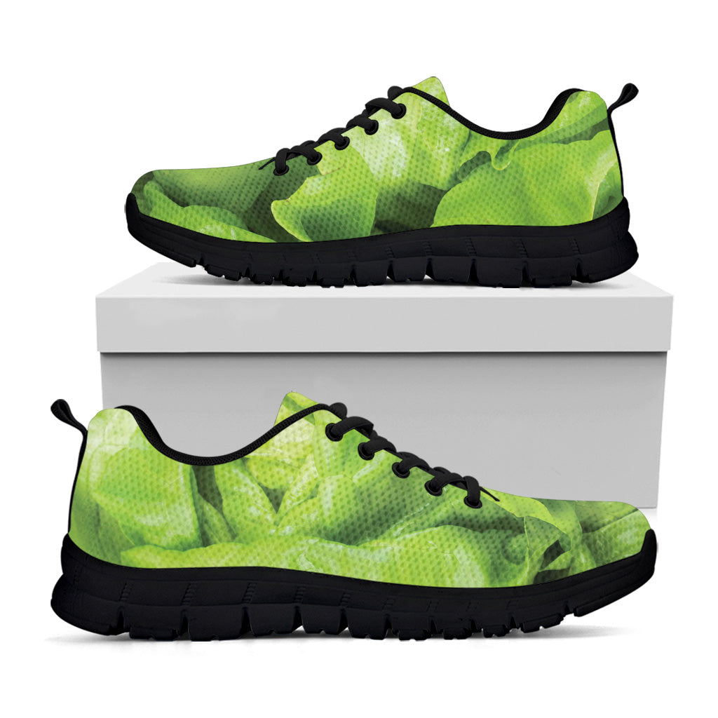 Green Lettuce Leaves Print Black Sneakers