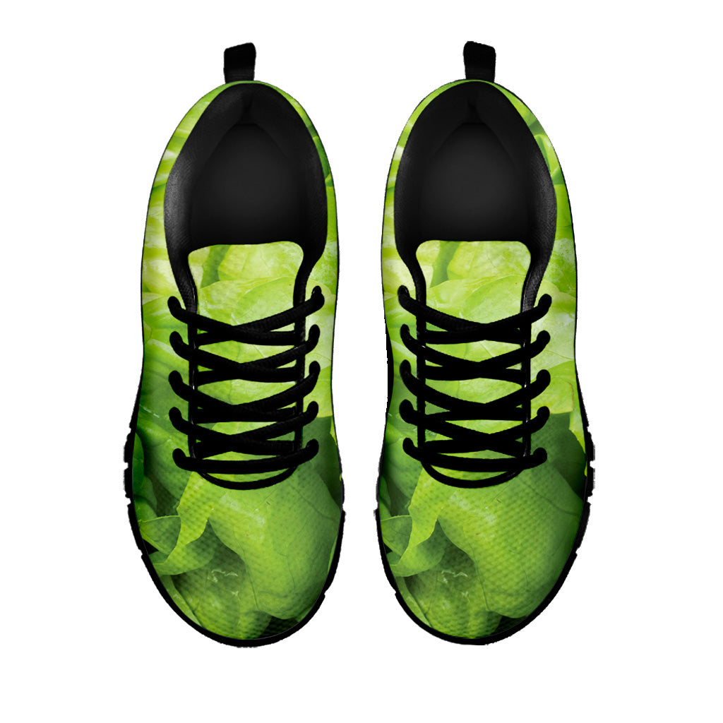 Green Lettuce Leaves Print Black Sneakers