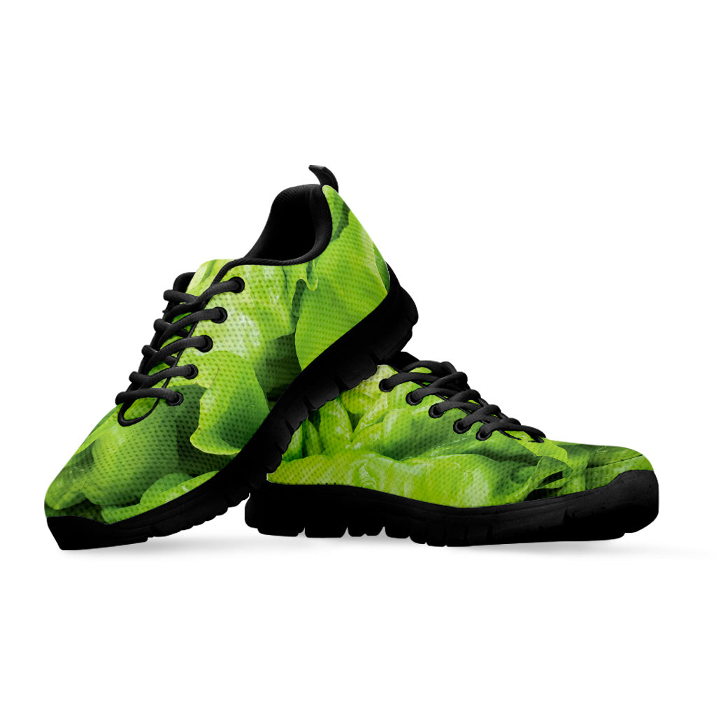 Green Lettuce Leaves Print Black Sneakers