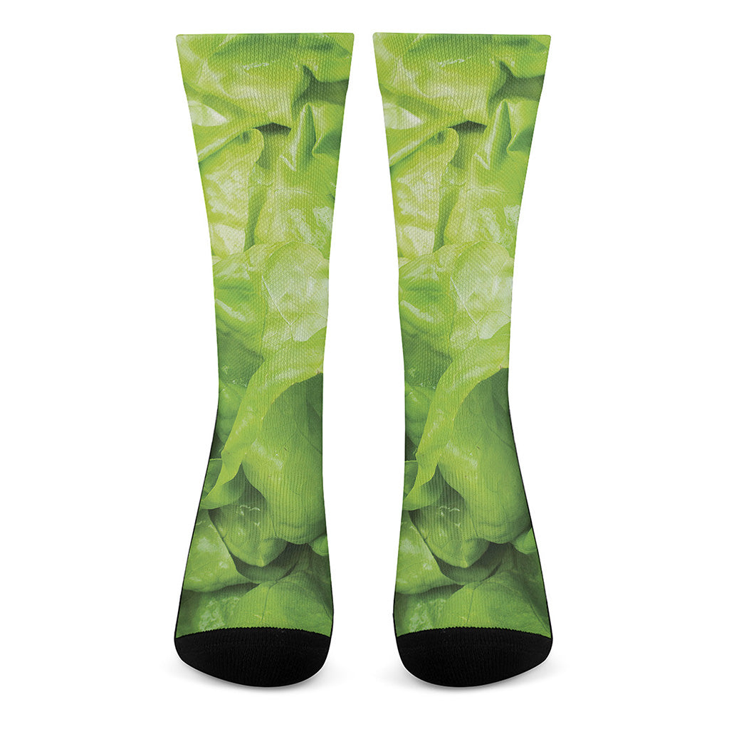 Green Lettuce Leaves Print Crew Socks